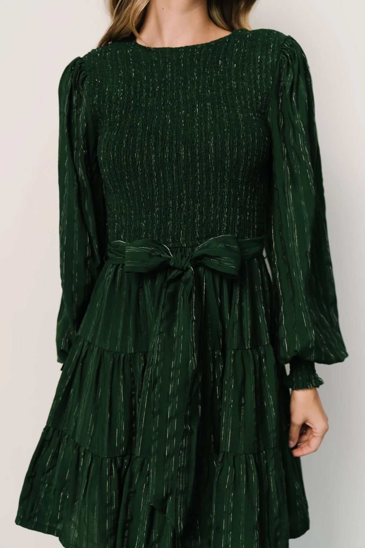 Ivey Smocked Short Dress | Dark Green + Silver