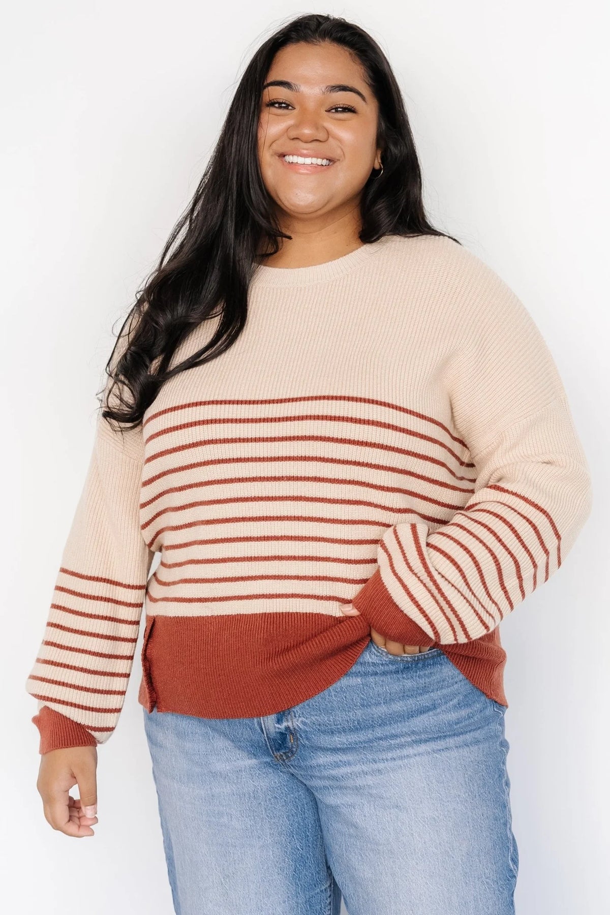 Miles Striped Sweater | Taupe + Marsala