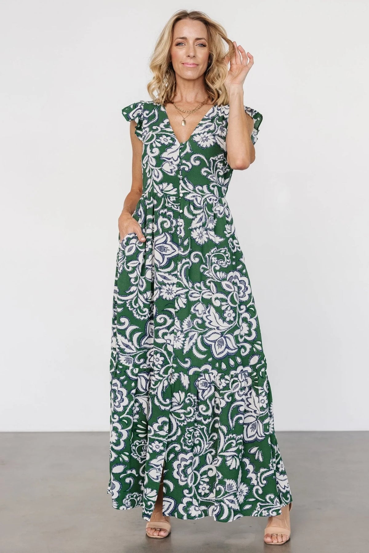 Kaia Button Maxi Dress | Green Print