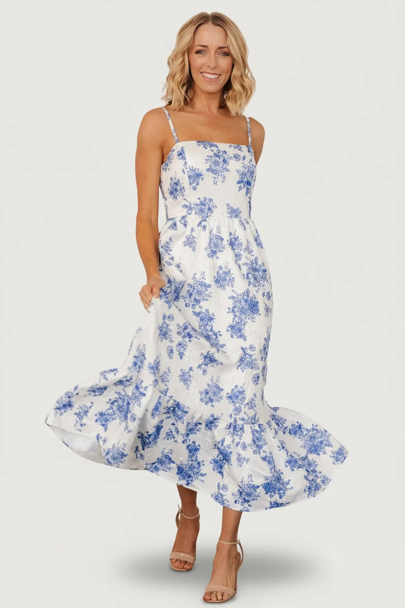 Cherie Jacquard Dress | Off White + Blue Floral