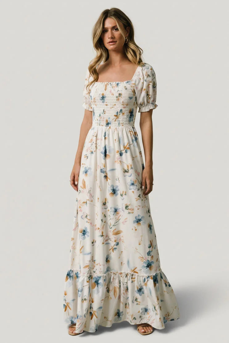 Capri Smocked Maxi Dress | White Multi Print