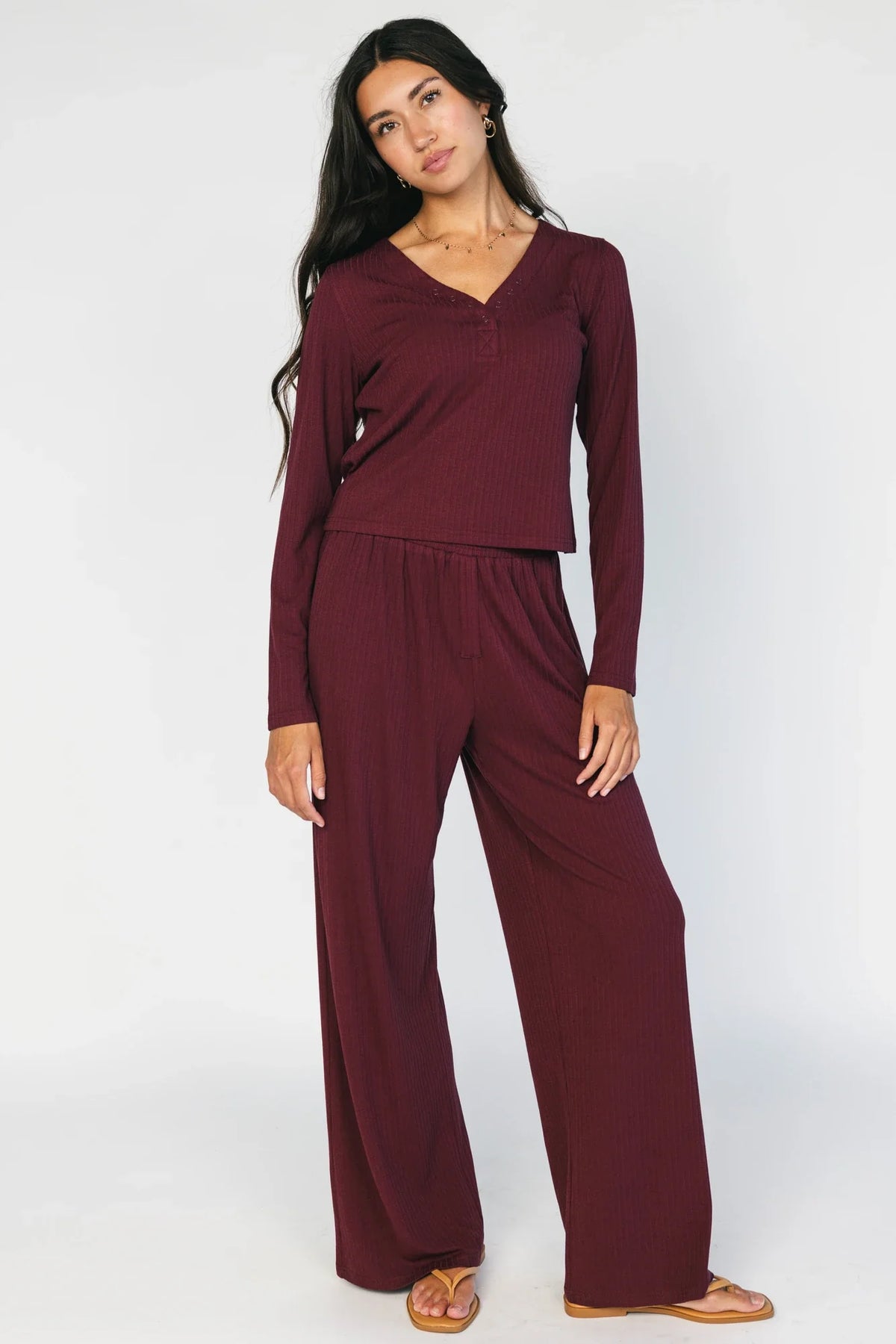 Rubi Soft Ribbed Pajama Set | Burgundy