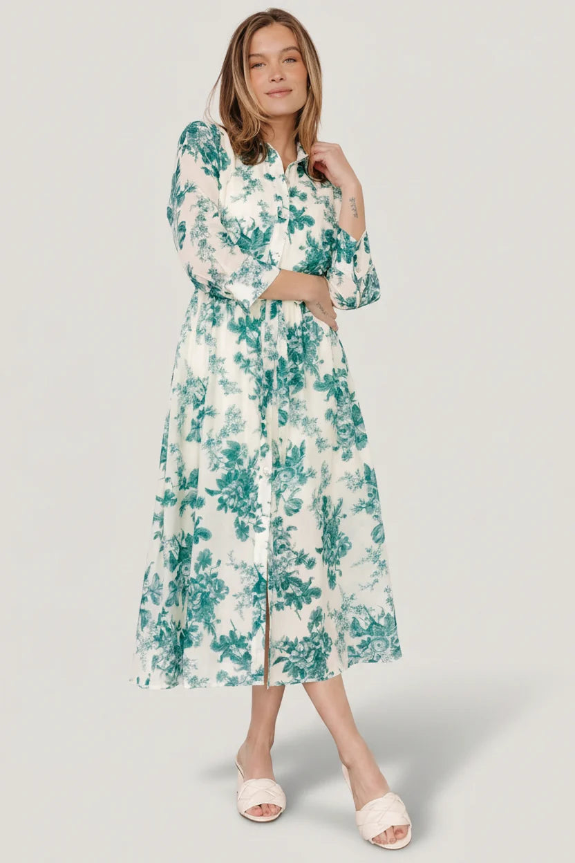 Eunice Button Midi Dress | Cream + Green Floral