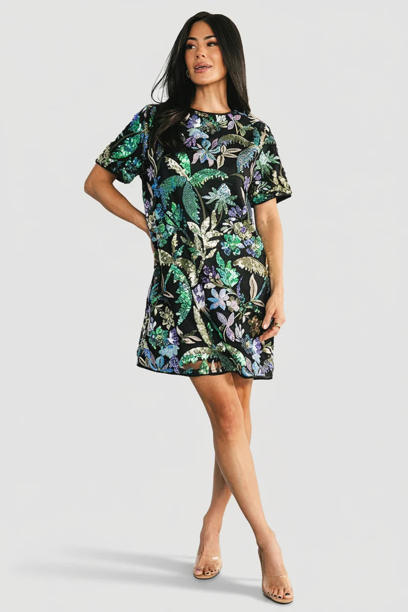 Patricia Sequin Short Dress | Black + Blue Multi