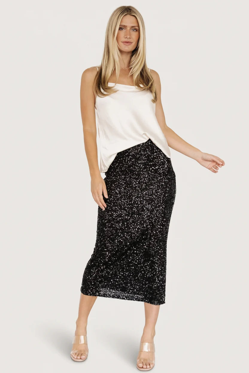 Charmed Sequin Midi Skirt | Black