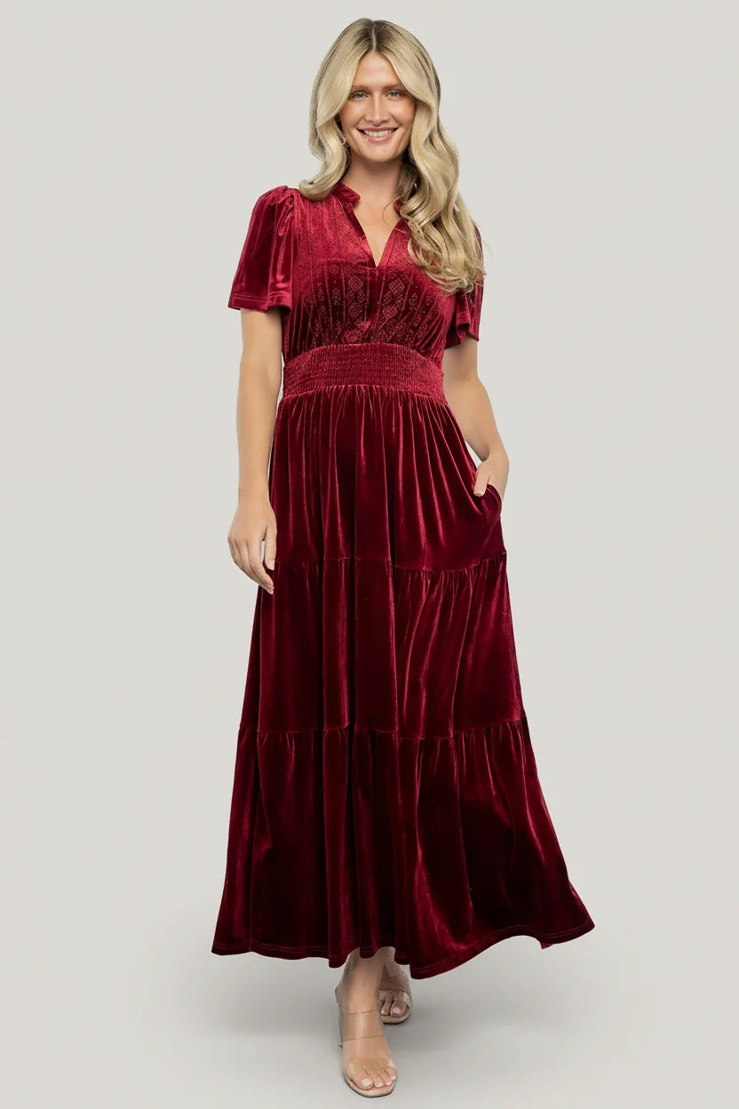Maida Embroidered Velvet Dress | Cranberry