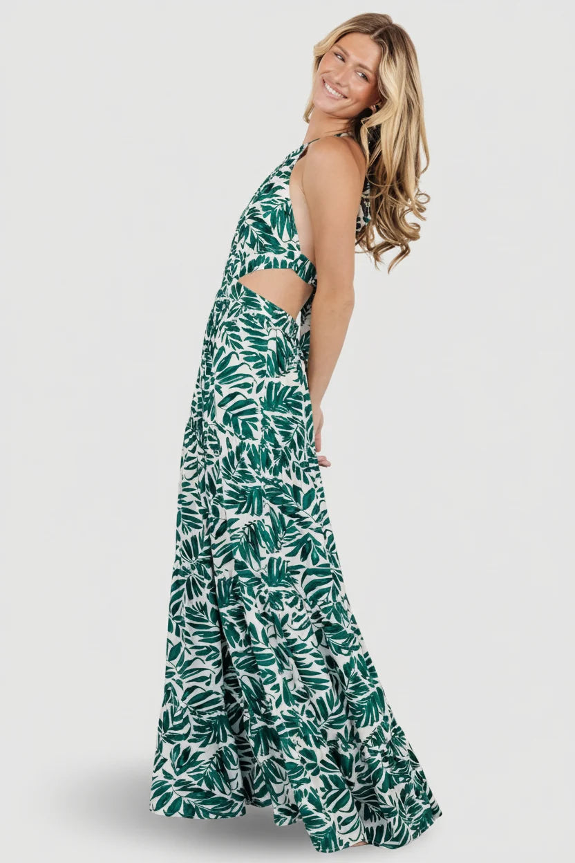 Brett Halter Maxi Dress | Palm Green Print