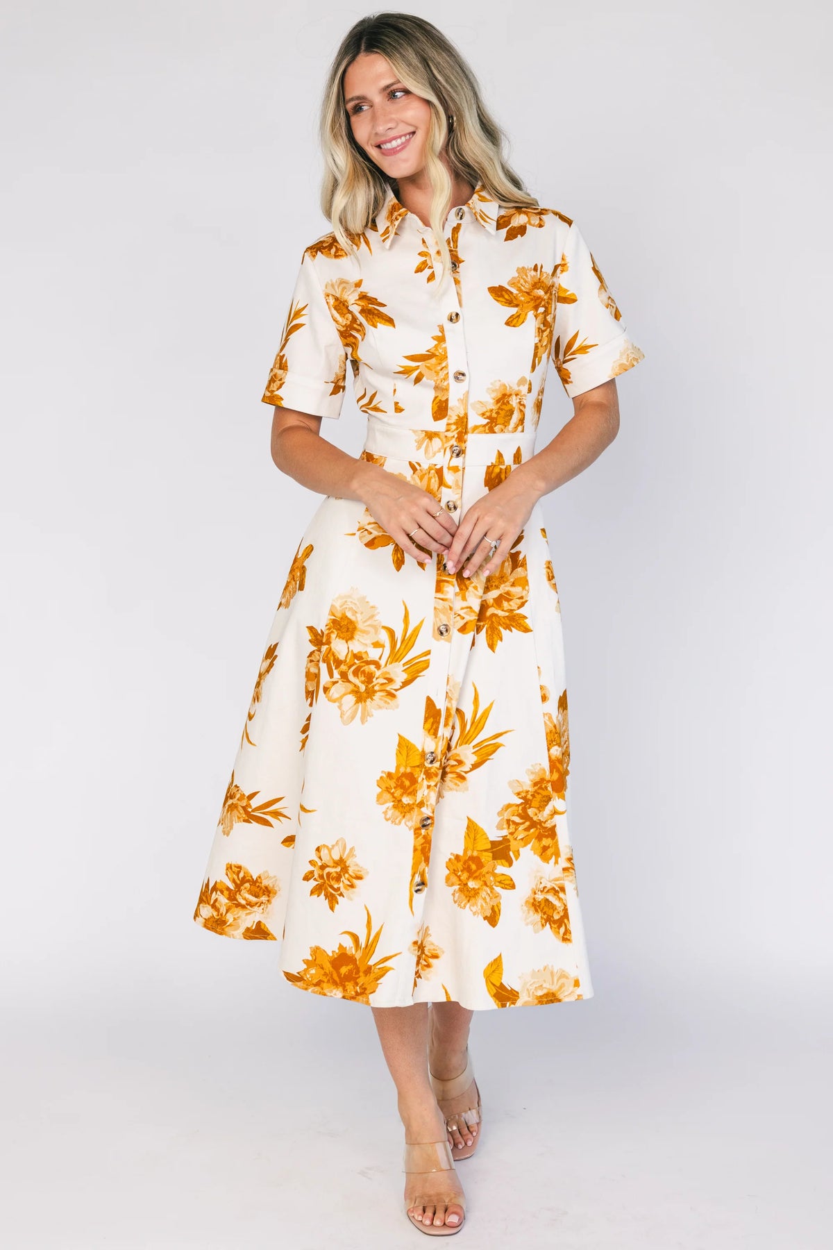 Selena Button Up Dress | Ivory + Golden Floral