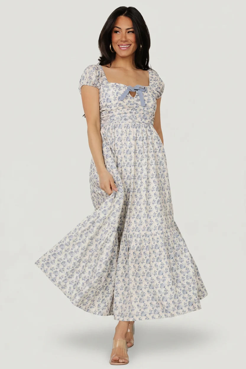 Haven Bow Dress | Ivory + Blue Floral