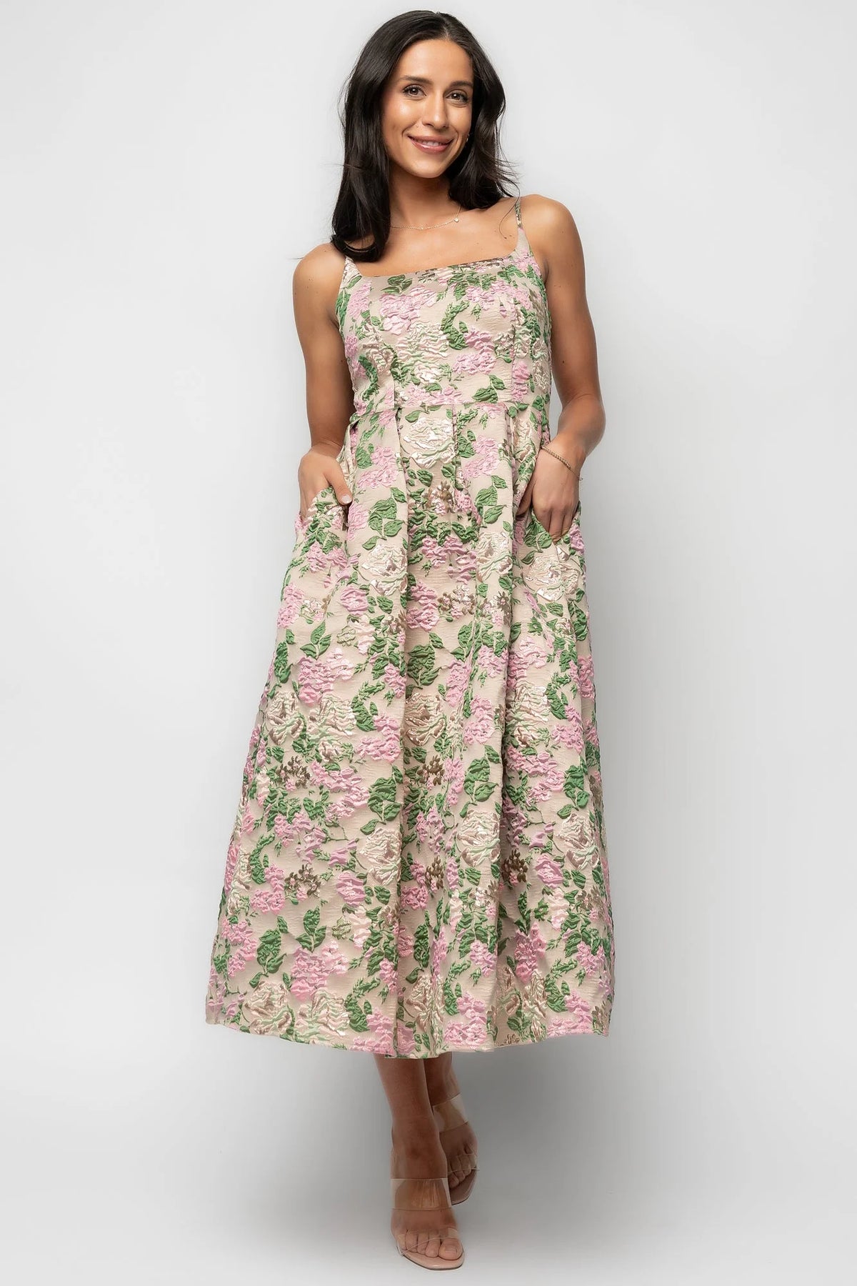 Antoinette Embossed Midi Dress | Champagne Multi Floral