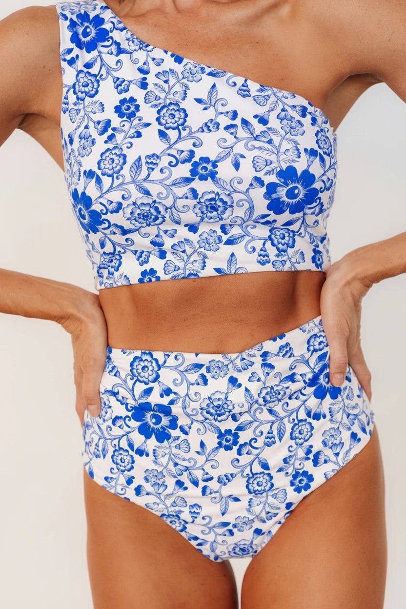 Bali High Rise Bikini Bottom | White + Cobalt Floral