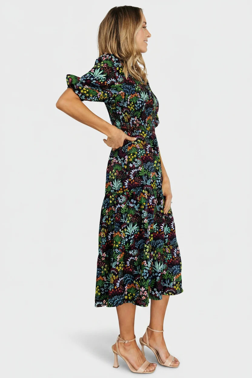 Lena Tiered Midi Dress | Black Multi Floral