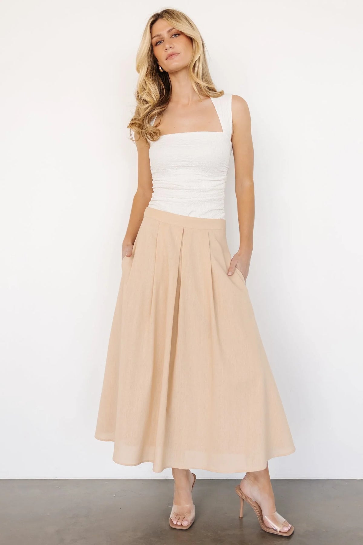 Katie Pleated Midi Skirt | Natural