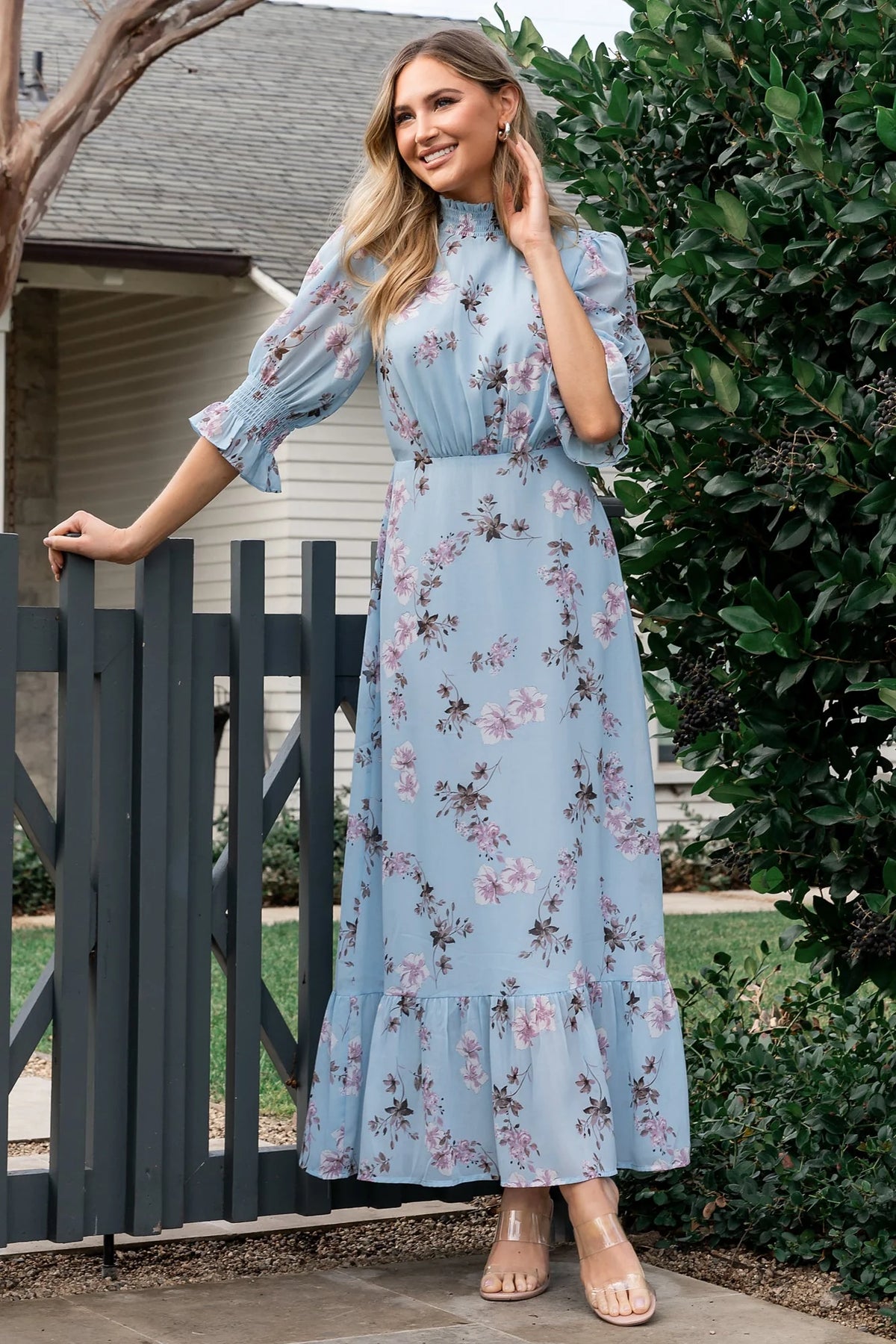Marie Mock Neck Maxi Dress | Sky Blue Floral