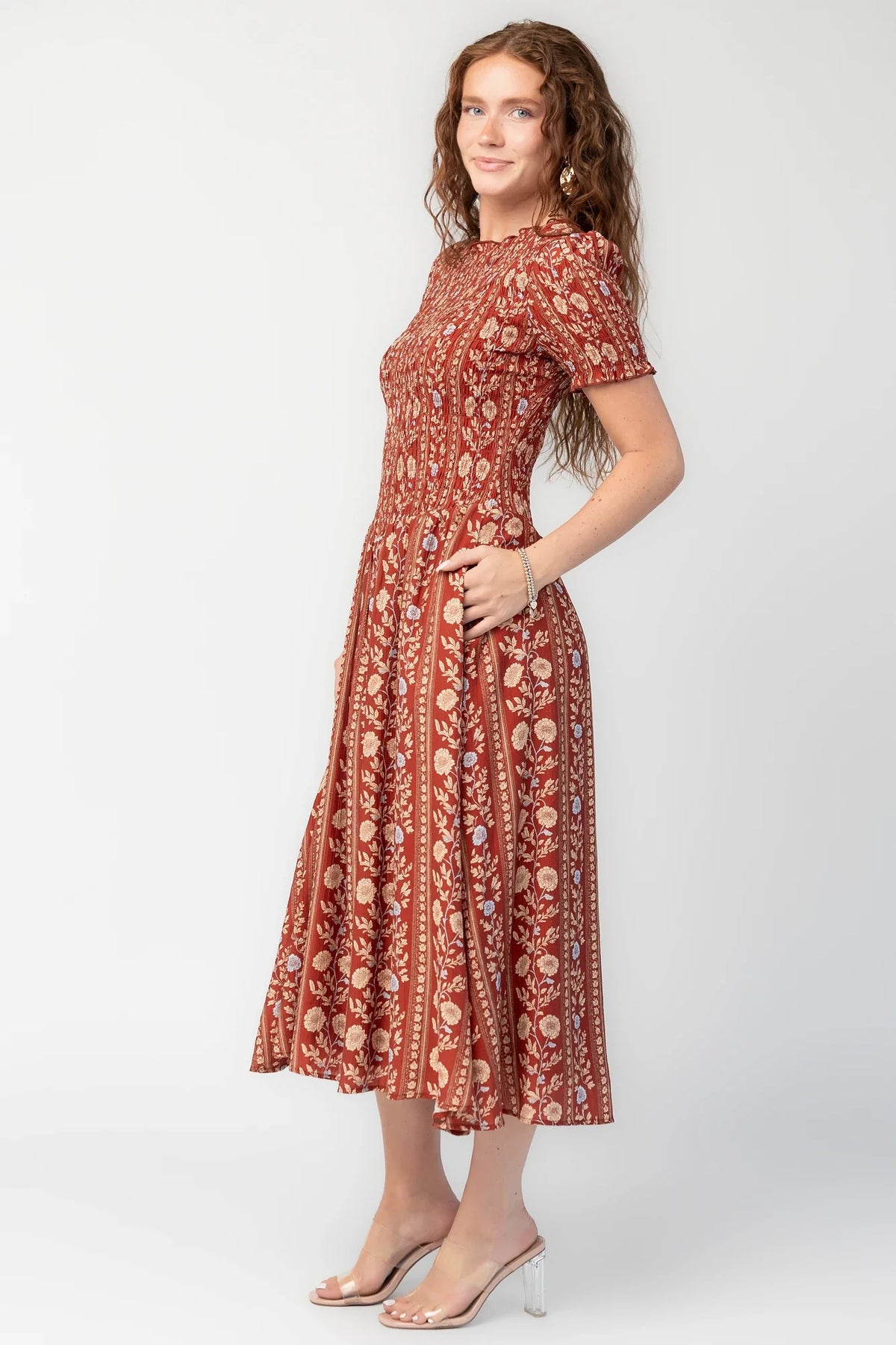 Rhonda Smocked Midi Dress | Rust Print