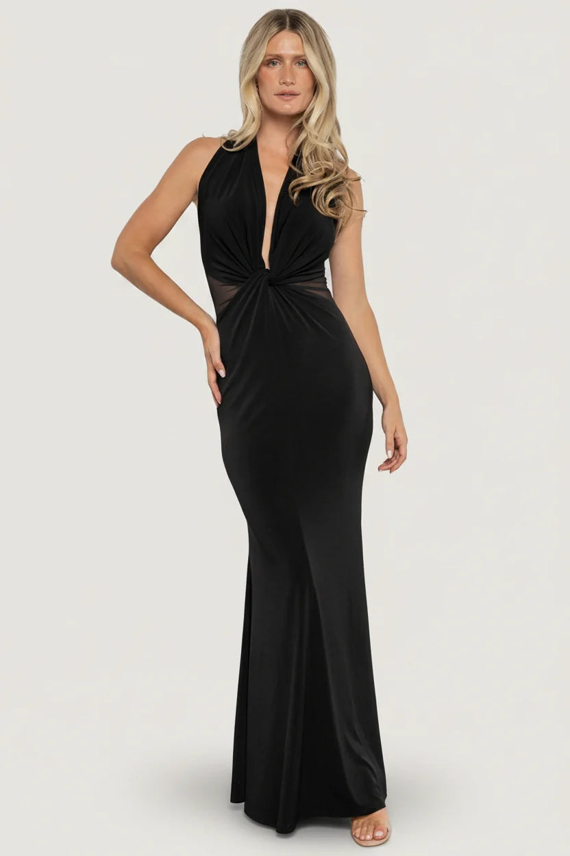 Roma Deep V Halter Gown | Black