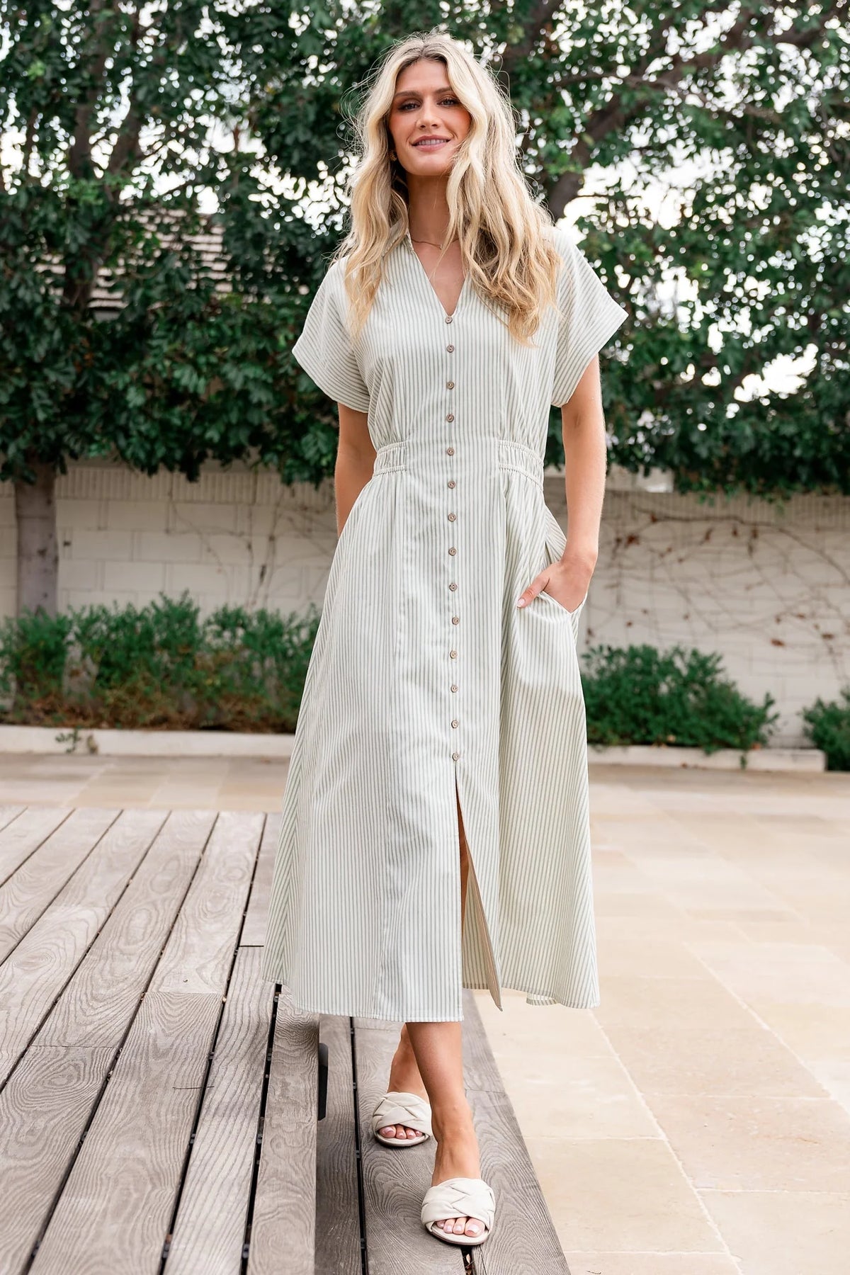 Larah Button Dress | Sage Stripe