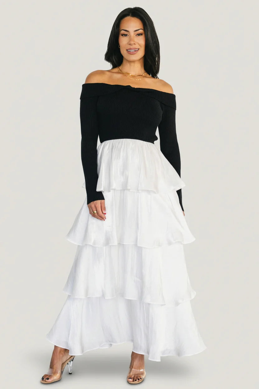 Maelie Tiered Maxi Dress | Black + White