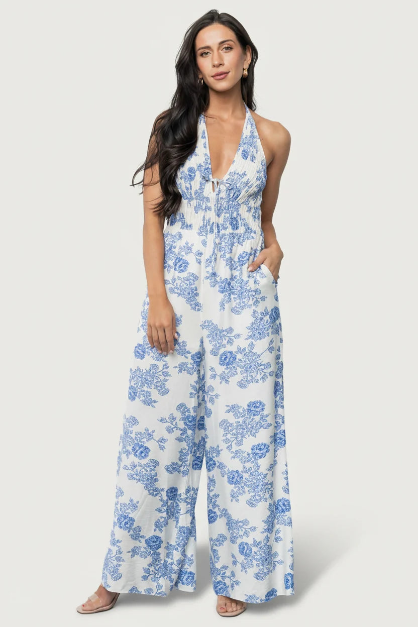 Promesa Halter Jumpsuit | Blue Floral