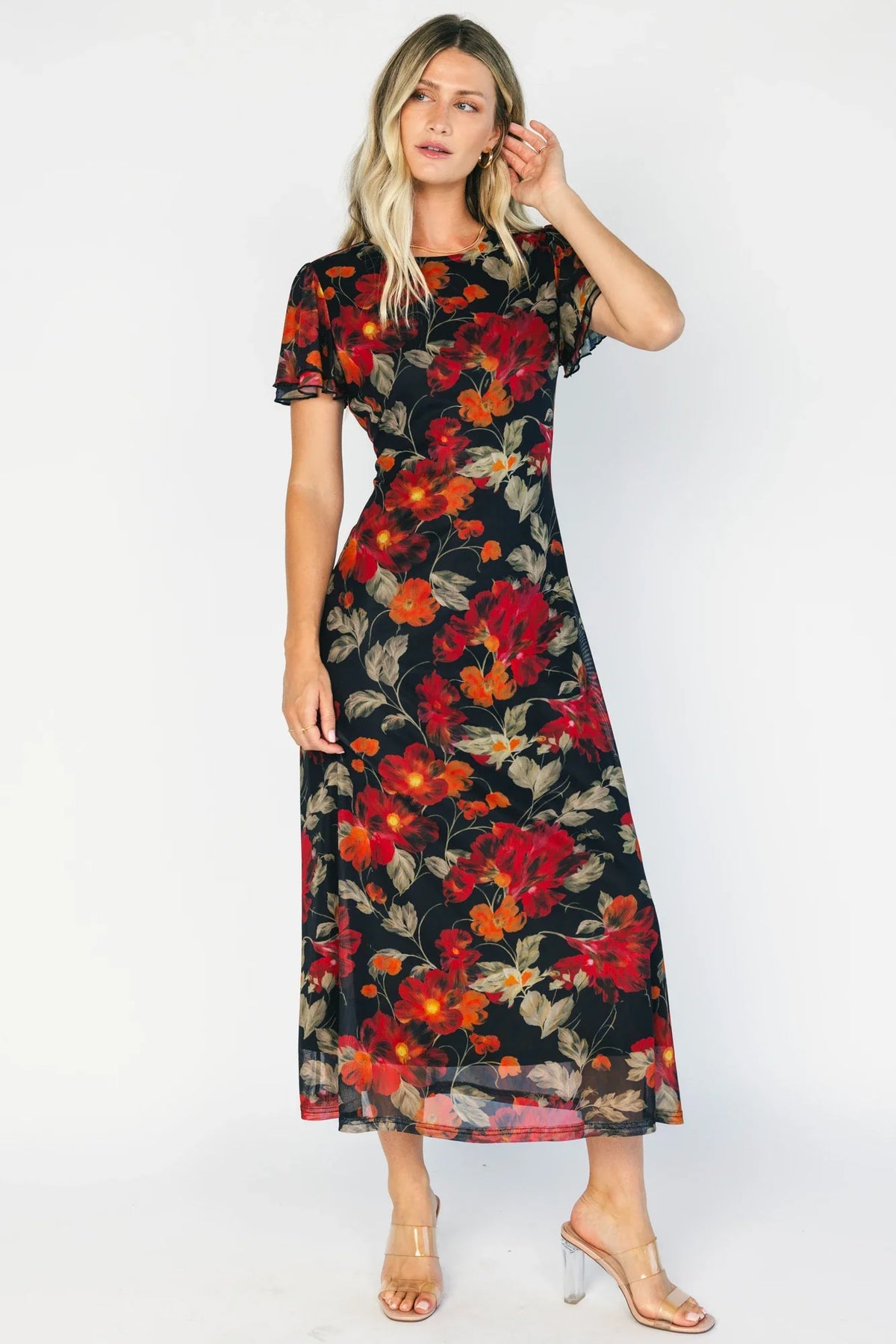 Briony Mesh Maxi Dress | Black + Red Floral