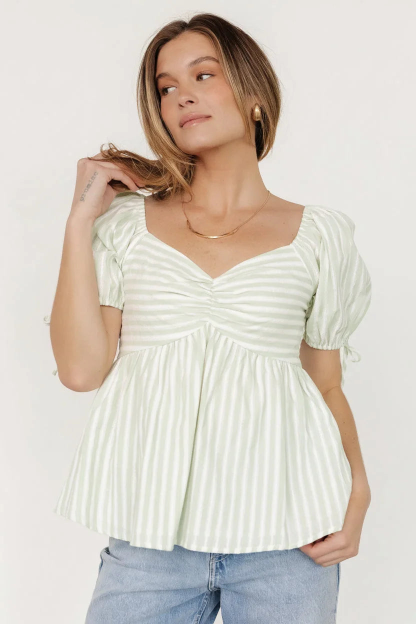 Betsy Peplum Top | Green+ White Stripe