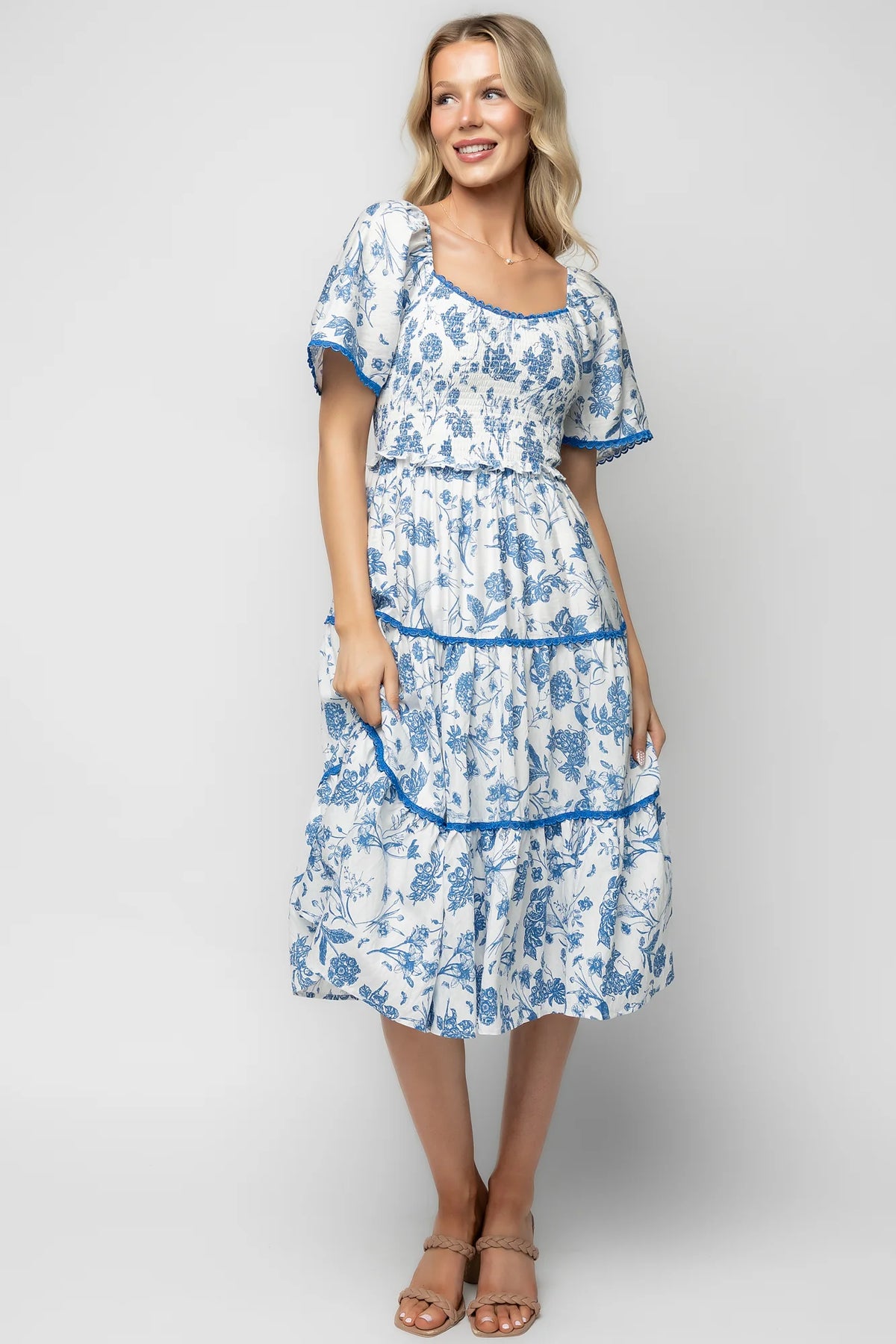 Freya Tiered Midi Dress | White + Blue
