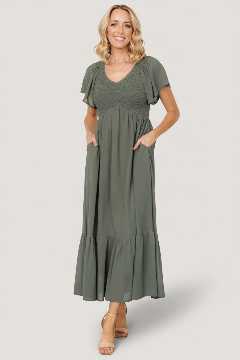 Monica Smocked Dress | Dark Sage