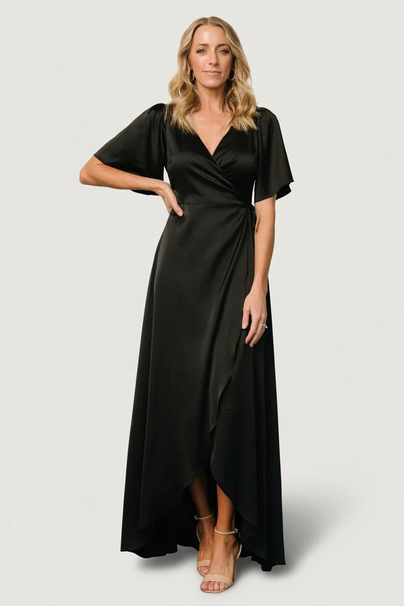 Vara Satin Maxi Wrap Dress | Black