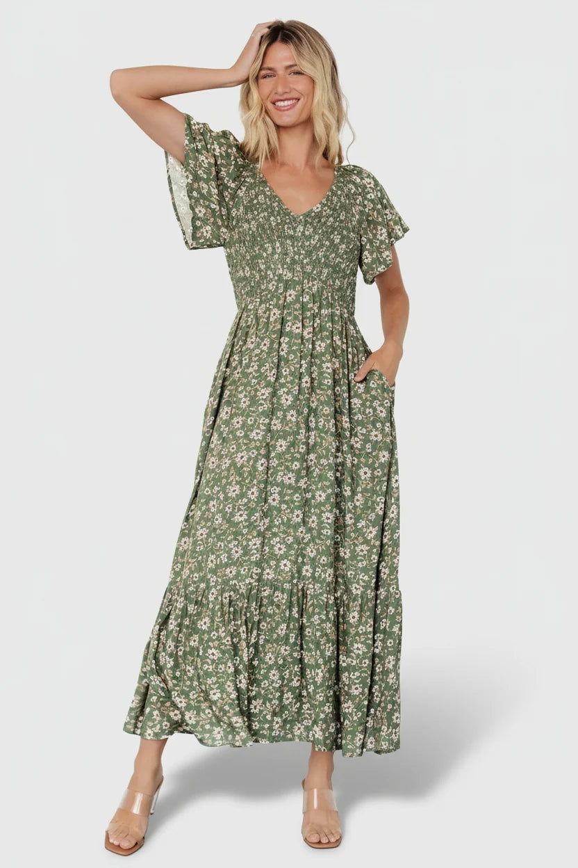 Joanie Smocked Dress | Green Floral