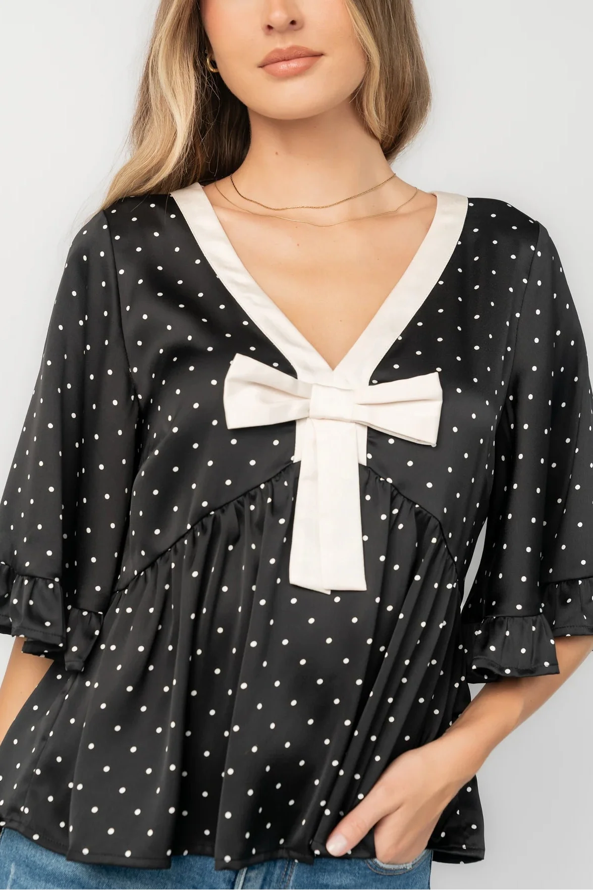 Carrie Bow Front Top | Black + Ivory Dot