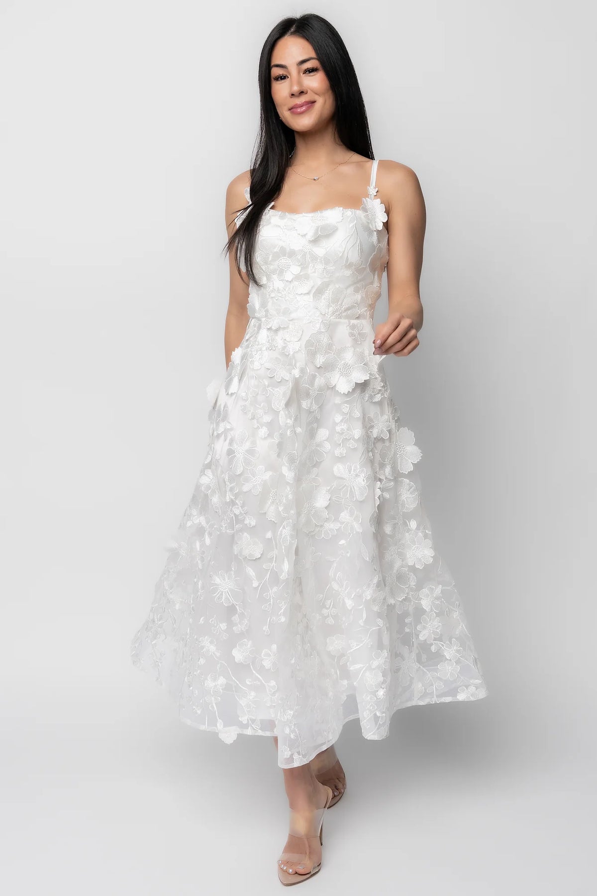 Soleil Floral Applique Midi Dress | Ivory